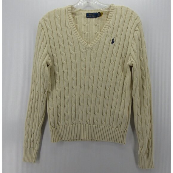 Ralph Lauren Polo Sweater Medium Cream Pullover Cable Knit Pony - Picture 1 of 11